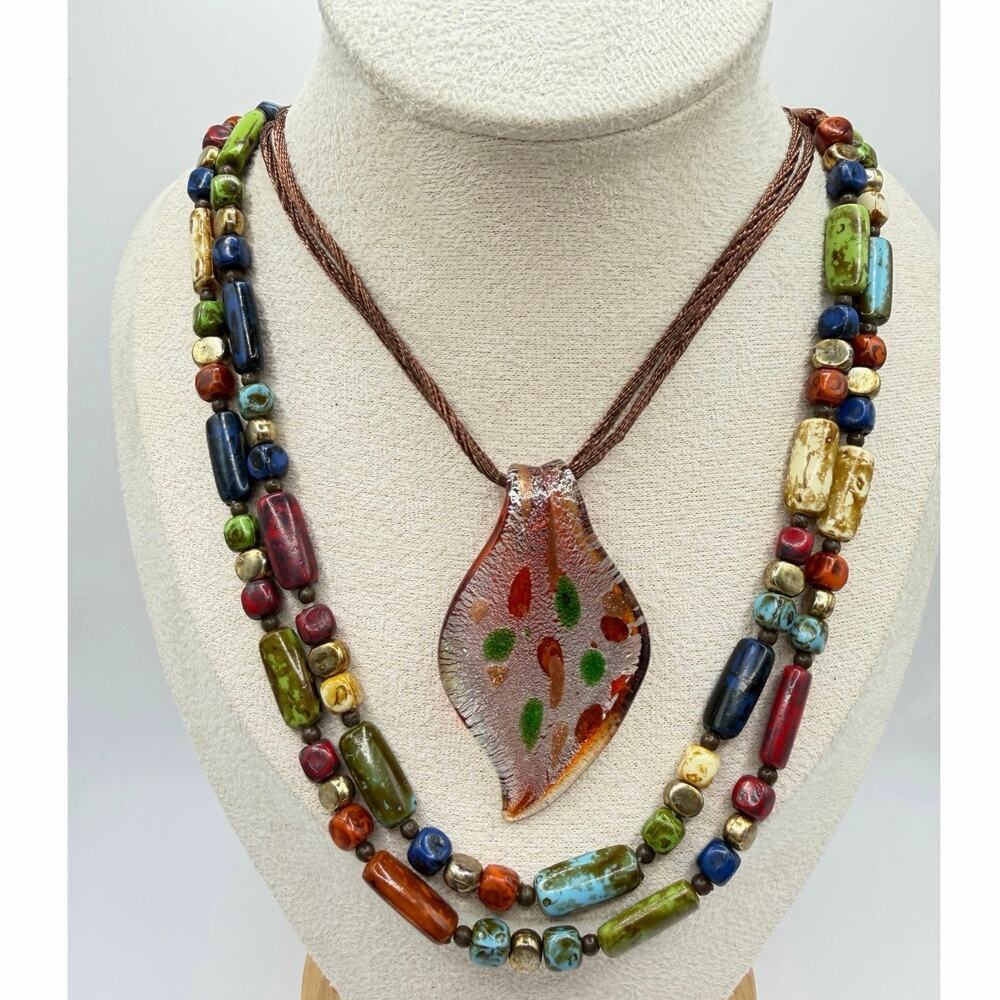 Earthy Boho Layered Necklace Set | Artisan Glass Pendant